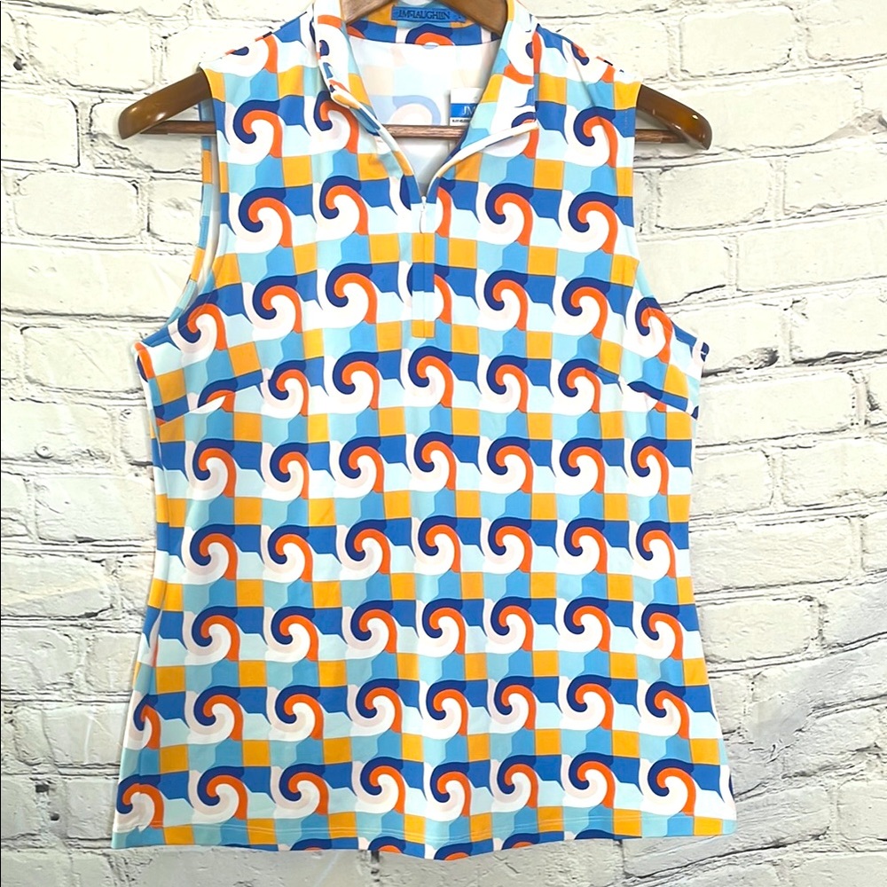 J. McLaughlin Blue Coral Deco Crest Sleeveless Bedford Top Size Large
